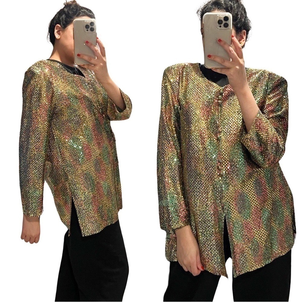 ANOTHER THYME VINTAGE Sequined Lurex Rainbow Long Sleeve Buttoned Tunic Sz 12